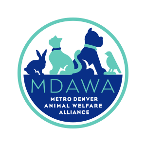Metro Denver Animal Welfare Alliance logo, a circle badge that includes blue and teal rabbit, cat, dog, and bird icons and the acronym MDAWA.